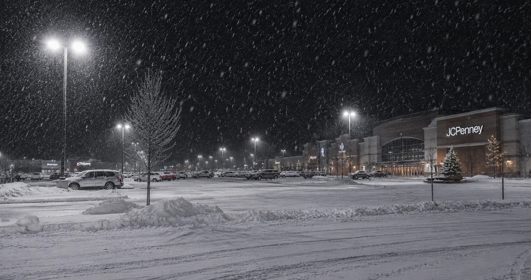 Commercial building and parking lot cleared of snow at dusk in Fond du Lac, Wisconsin