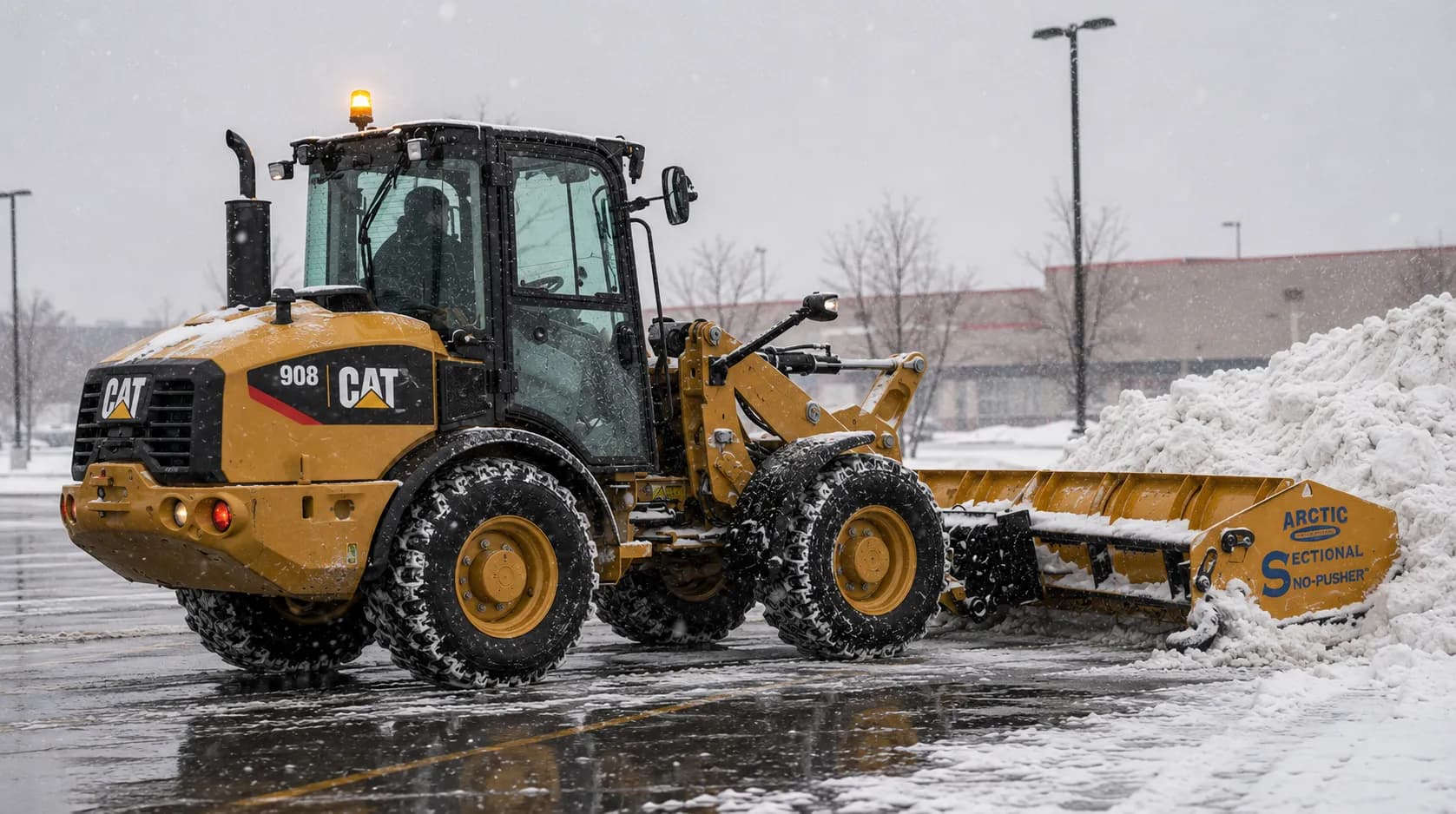 Wheel loader with a sectional box pusher clearing a commercial parking lot in Fond du Lac, Wisconsin
