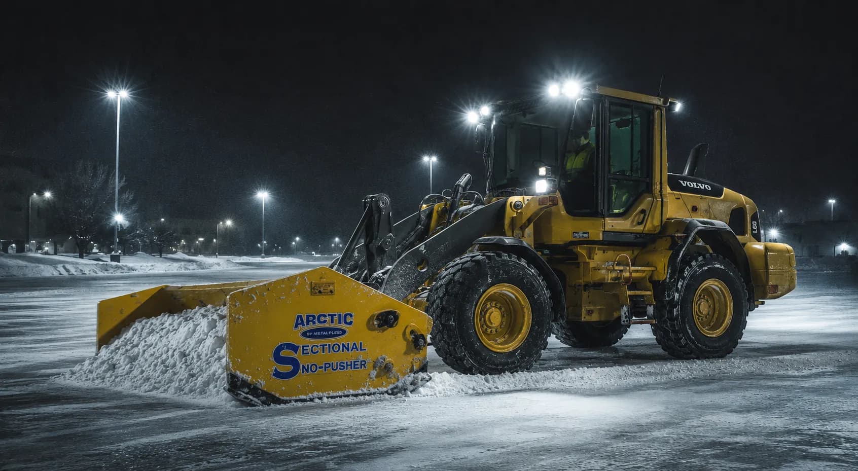 Commercial plow truck clearing a parking lot during a night snowfall in Fond du Lac, Wisconsin